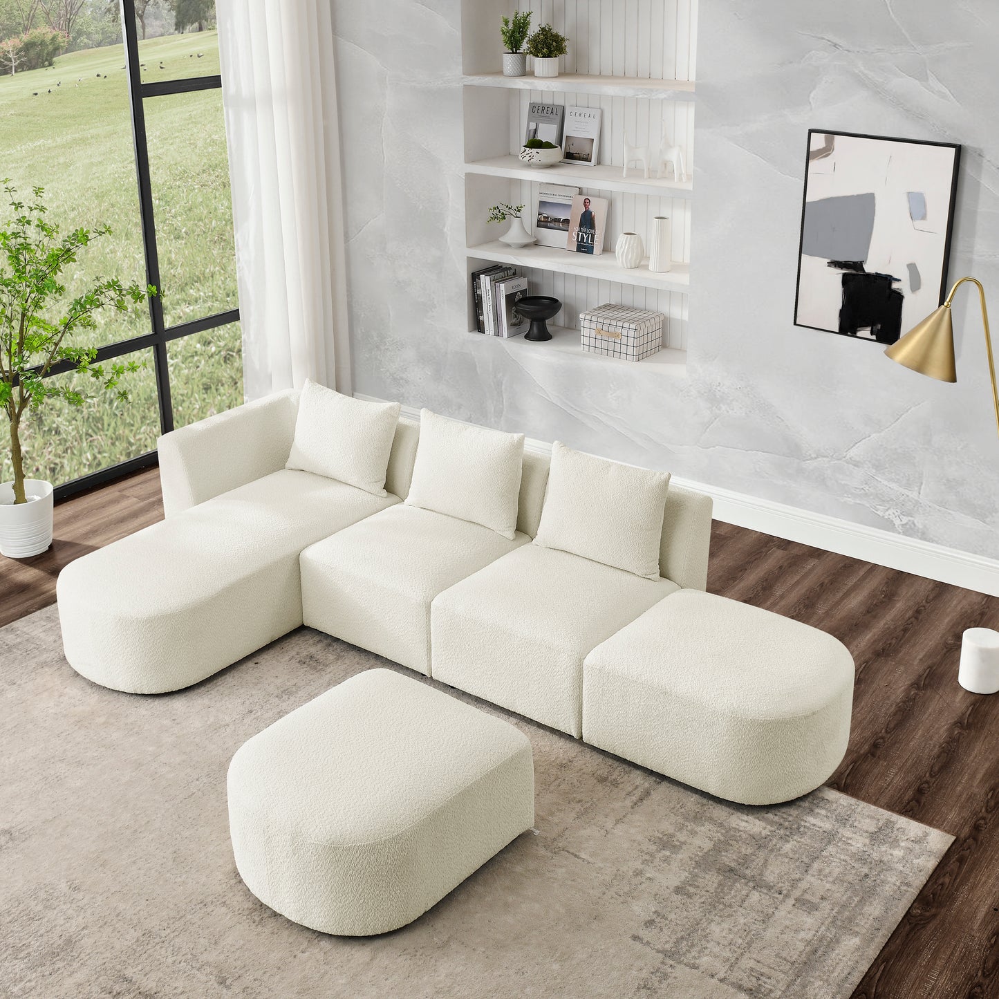 L Shape Sectional Sofa with Left Side Chaise and Ottoman, Modular Sofa, DIY Combination, Loop Yarn Fabric, Beige