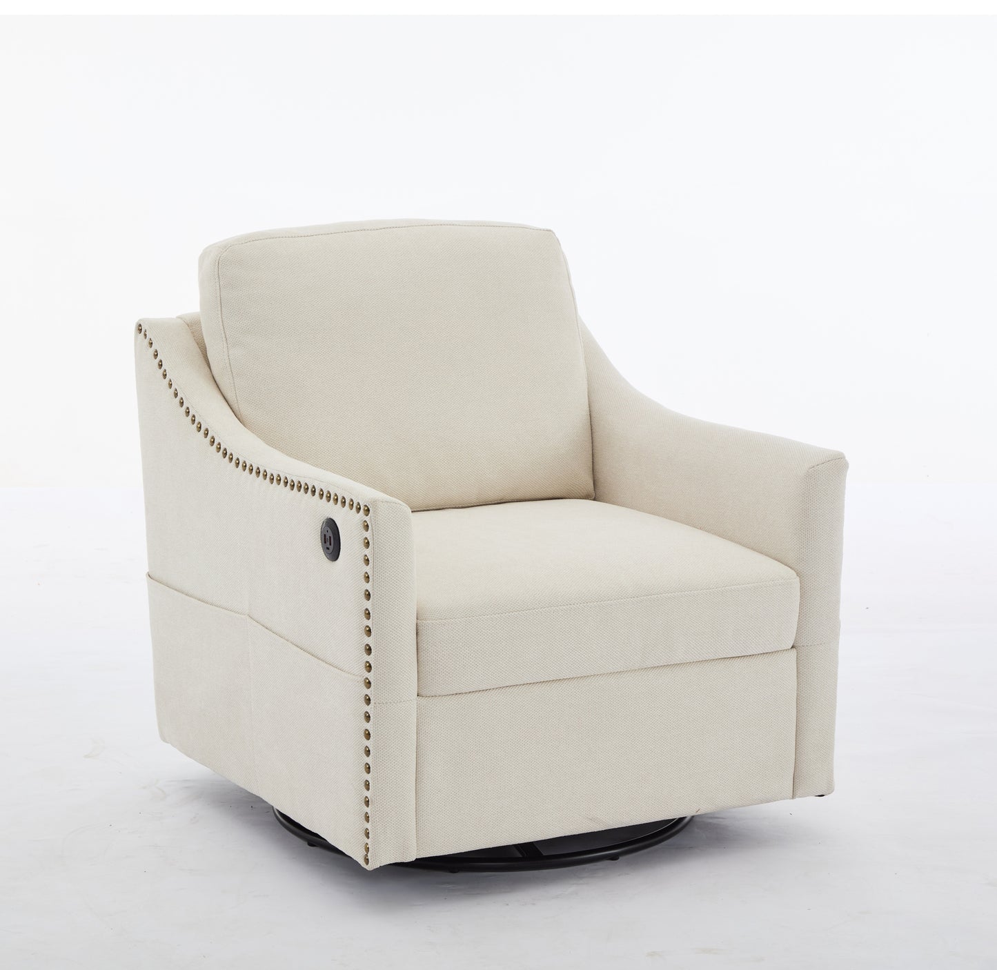 Cream white fabric swivel rotating accent chair with USB and magazine book for living room and hotel bed room