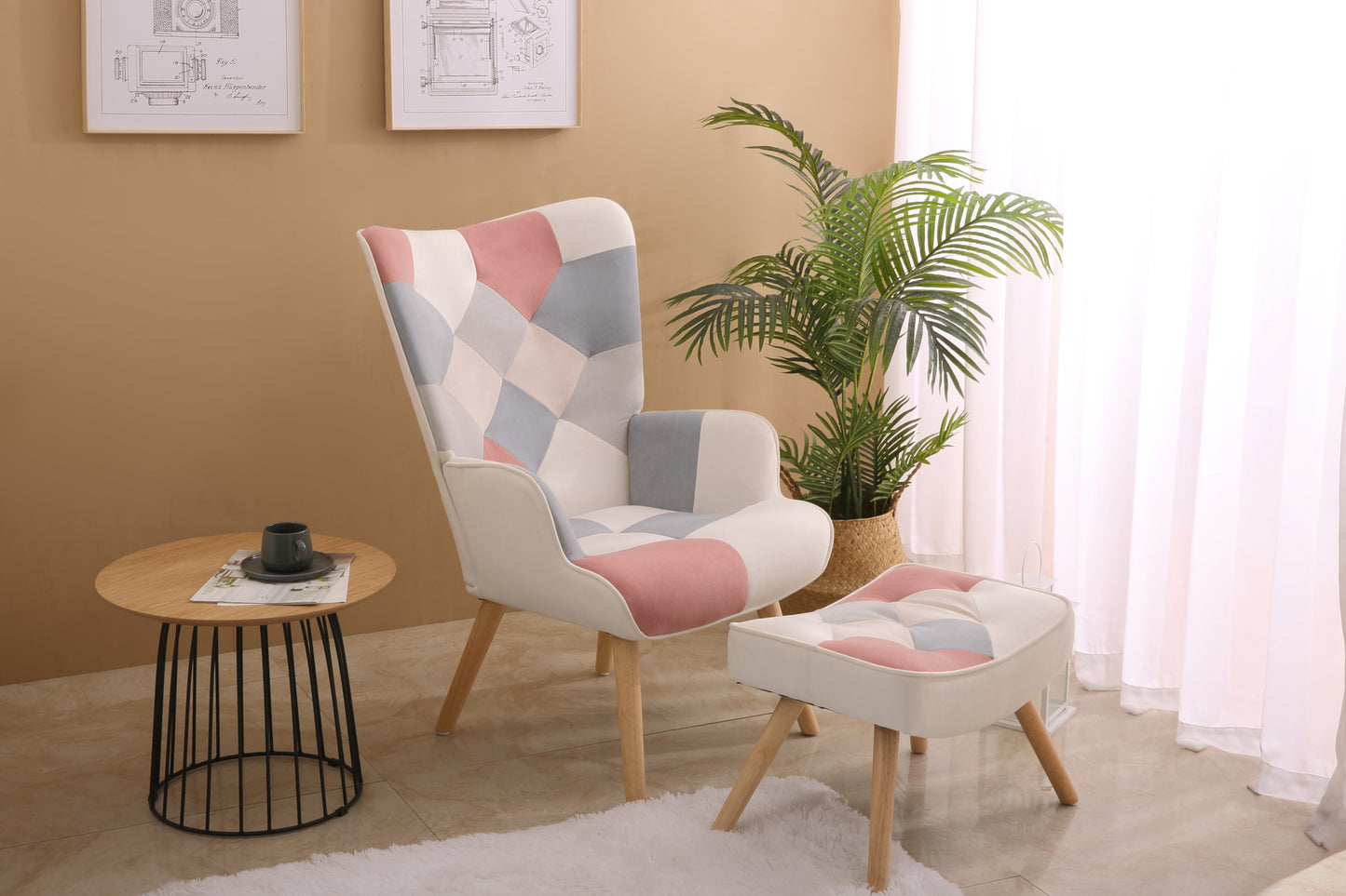 Accent Chair with Ottoman, Living Room Chair and Ottoman Set, Comfy Side Armchair for Bedroom, Creative Splicing Cloth Surface