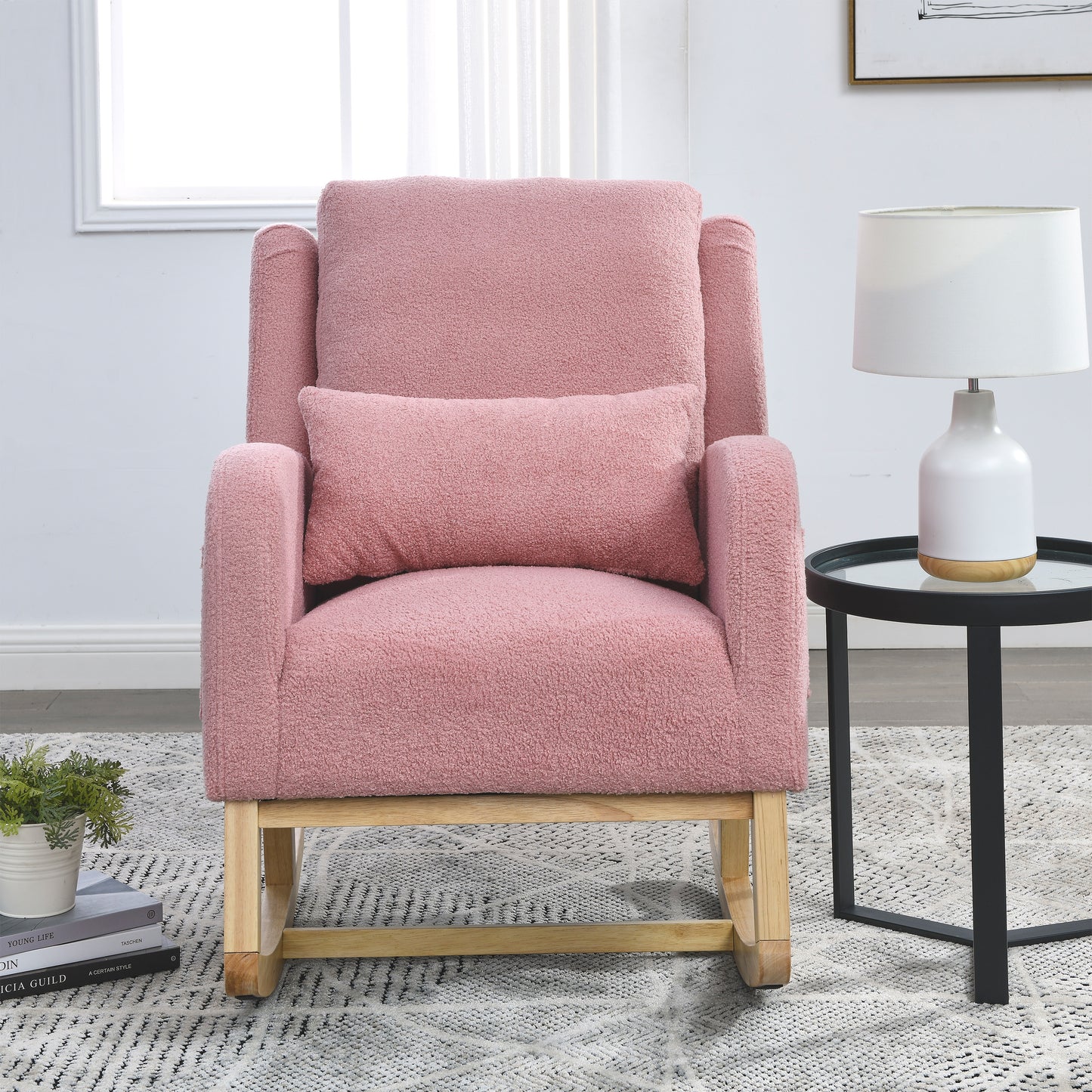 27.5 "W Modern Accent High Back Living Room Casual Armchair Rocker with One Lumbar Pillow, Two Side Pockets,Teddy.