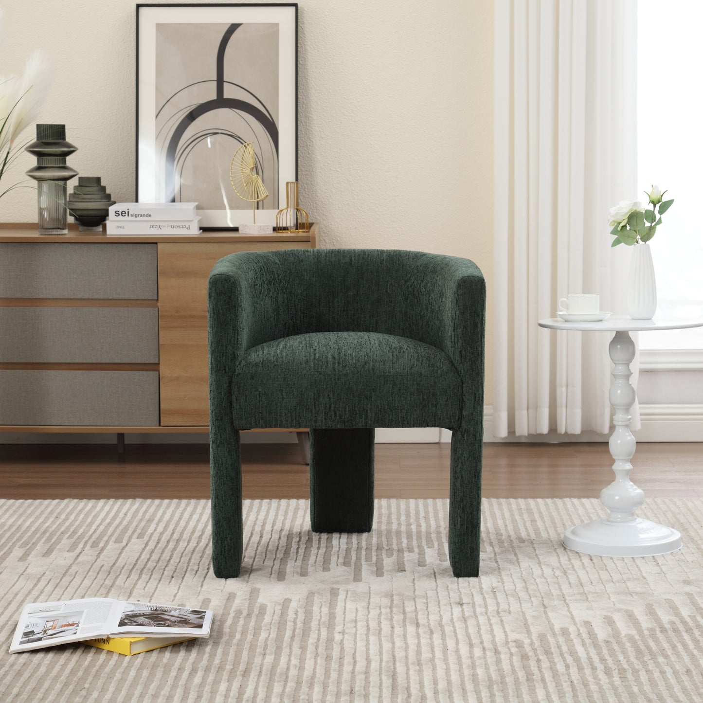 Barrel Accent Chair, Mid-Century Modern Living Room Chair, Upholstered Side Armchair with 3 Legs for Bedroom/Reading Spaces (Dark Green)