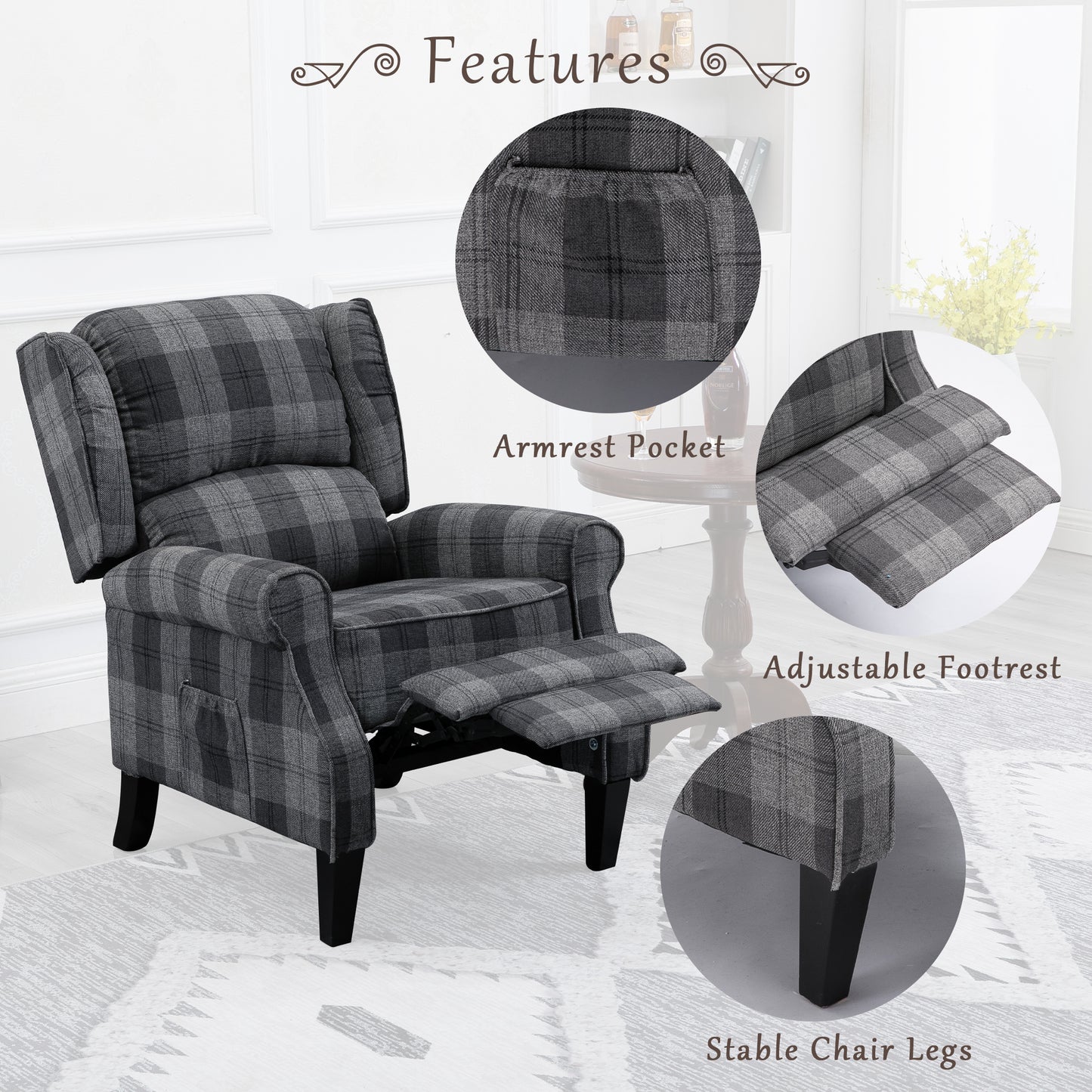 Armchair Sofa Comfortable Upholstered leisure chair / Recliner Chair for Living Room(Grey Check)