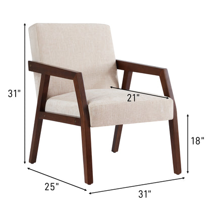 Solid Wooden Mid-Century Modern Accent Chair, Upholstered Arm Chair for Living Room, Bedroom, Linen Fabric Reading Chair, Side Chair, Brown