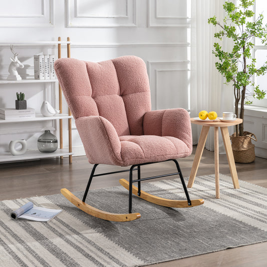 Mid Century Modern Teddy fabric Tufted Upholstered Rocking Chair Padded Seat for Living Room Bedroom,Pink