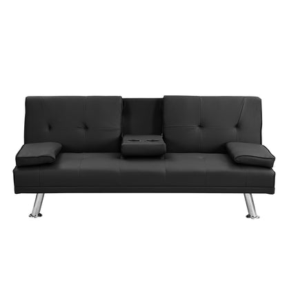 Sofa bed with Armrest two holders WOOD FRAME, STAINLESS LEG, FUTON BLACK PVC