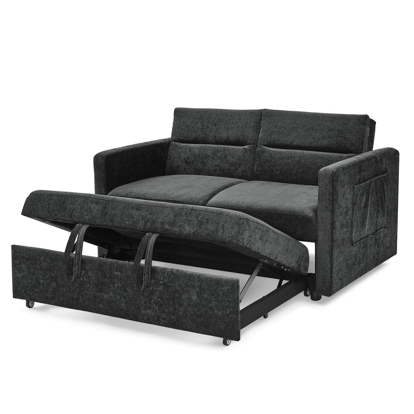 Loveseats Sofa Bed with Pull-out Bed,Adjsutable Back and Two Arm Pocket,Black (54.5"x33"x31.5")