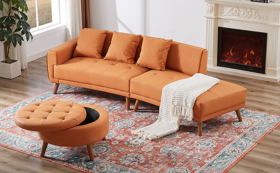 107" Contemporary Sofa Stylish Sofa Couch with a Round Storage Ottoman and Three Removable Pillows for Living Room, Orange