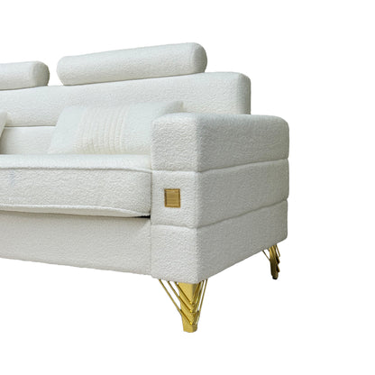 Elegant White Imitation wool circle fabric Sofa with Adjustable Headrests - Contemporary 3-Seat Couch with Gold Legs, Perfect for Living Room and Office Decor