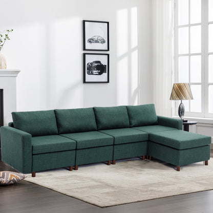 4 Seat Module Sectional Sofa Couch With 1 Ottoman for living room,Seat Cushion and Back Cushion Non-Removable and Non-Washable,Green