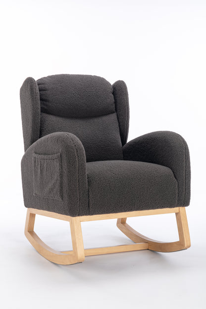 049-Teddy Fabric Rocking Chair With Packet Wood Legs,Dark Gray