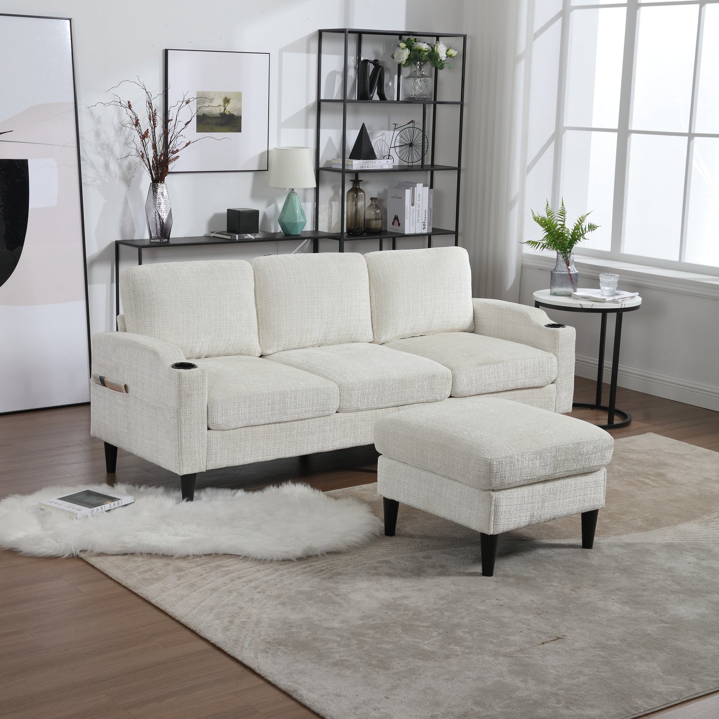 Sofa for three, solid wood frame, Chenille fabric, side pocket, with two cup holders, footstool with storagestorage sofa /Living room sofa cozy sectional sofa