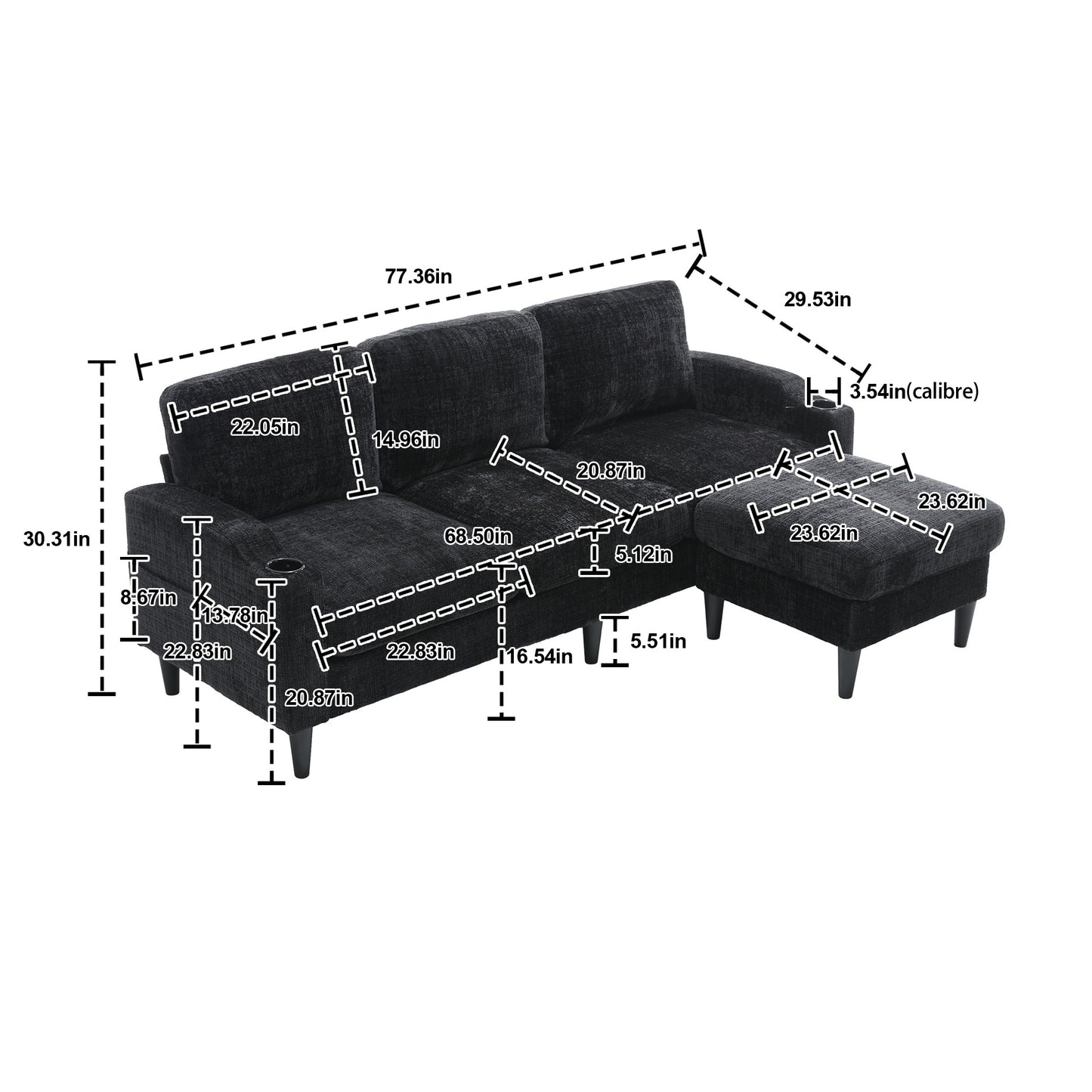 Sofa for three, solid wood frame, Chenille fabric, side pocket, with two cup holders, footstool with storagestorage sofa /Living room sofa cozy sectional sofa