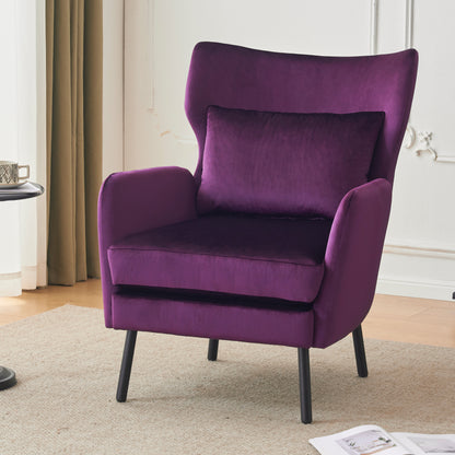 Velvet Accent Chair, Modern Living Room Armchair Comfy Upholstered Single Sofa Chair for Bedroom Dorms Reading Reception Room with Metal Legs & Pillow, Purple