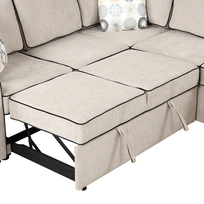 83" L-Shaped Pull Out Sofa Bed Modern Convertible Sleeper Sofa with 2 USB ports, 2 Power Sockets and 3 Pillows for Living Room, Bedroom, Office, Cream