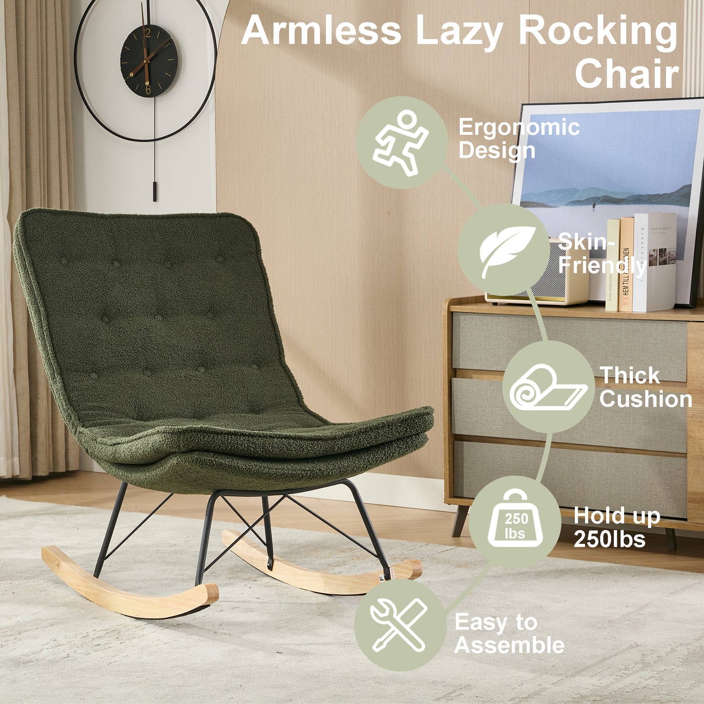 Lazy Rocking Chair,Comfortable Lounge Chair with Wide Backrest and Seat Wood Base, Upholstered Armless Rocker Chair for Living room, Balcony,Bedroom and Patio Porch. (DARK GREEN)