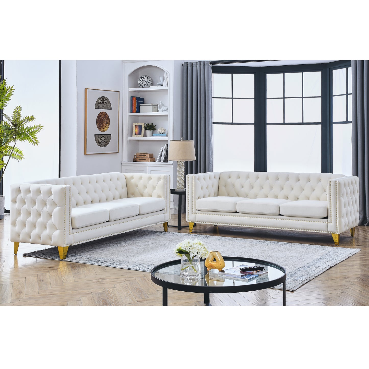 Velvet Sofa for Living Room,Buttons Tufted Square Arm Couch, Modern Couch Upholstered Button and Metal Legs, Sofa Couch for Bedroom, Beige Velvet,2PCS