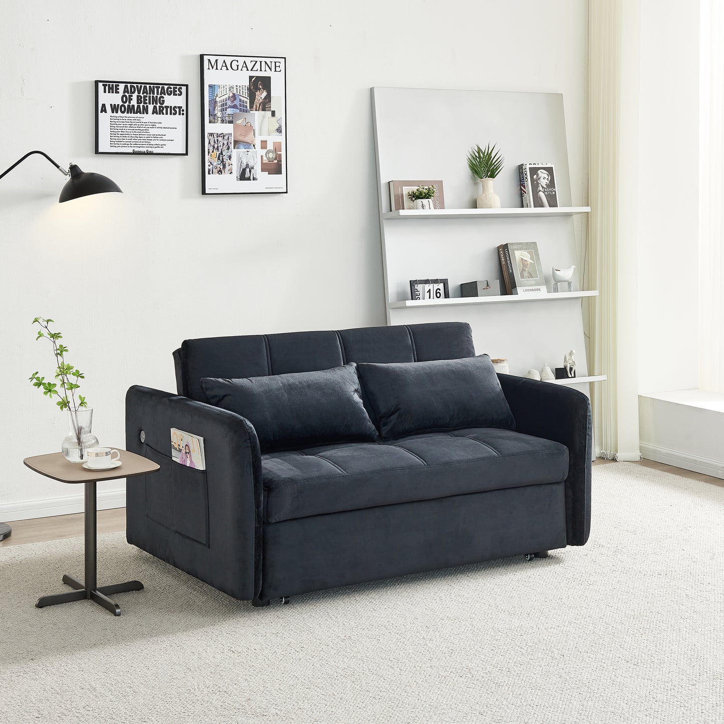 55.5" Twins Pull Out Sofa Bed Black Velvet