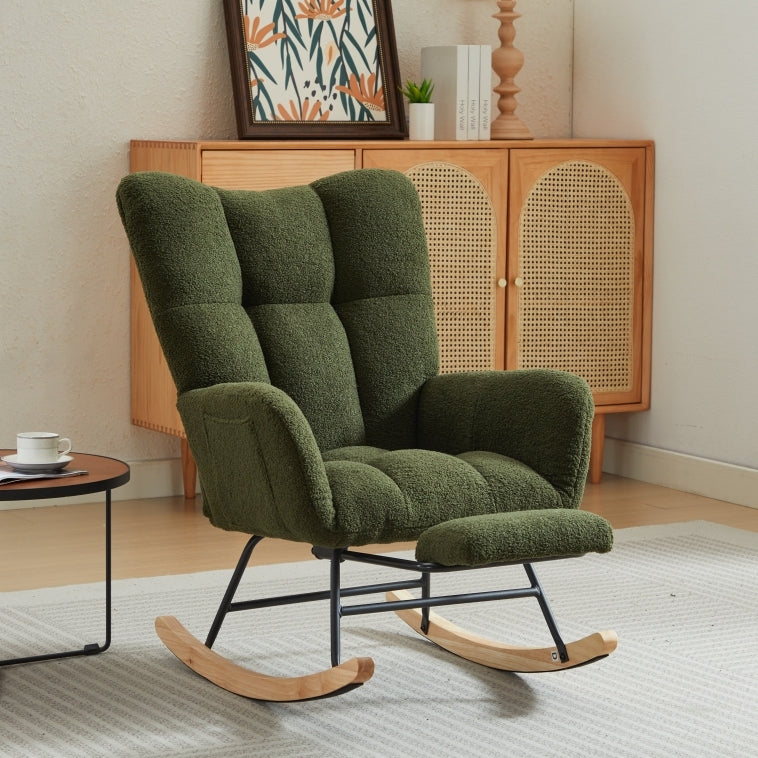 Modern Nursery Rocking Chair, Upholstered Glider Chair with High Backrest, Rocker Accent Armchair with Solid Wood Legs for Nursery Bedroom Living Room DRAK GREEN