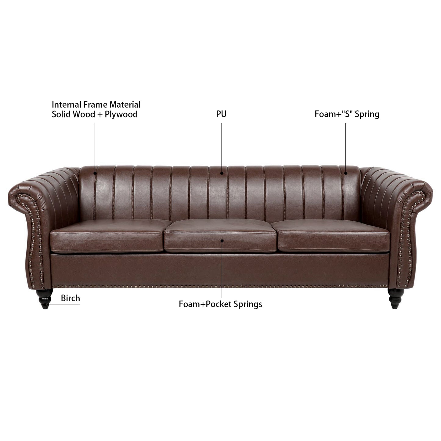 83.46'' Brown PU Rolled Arm Chesterfield Three Seater Sofa.