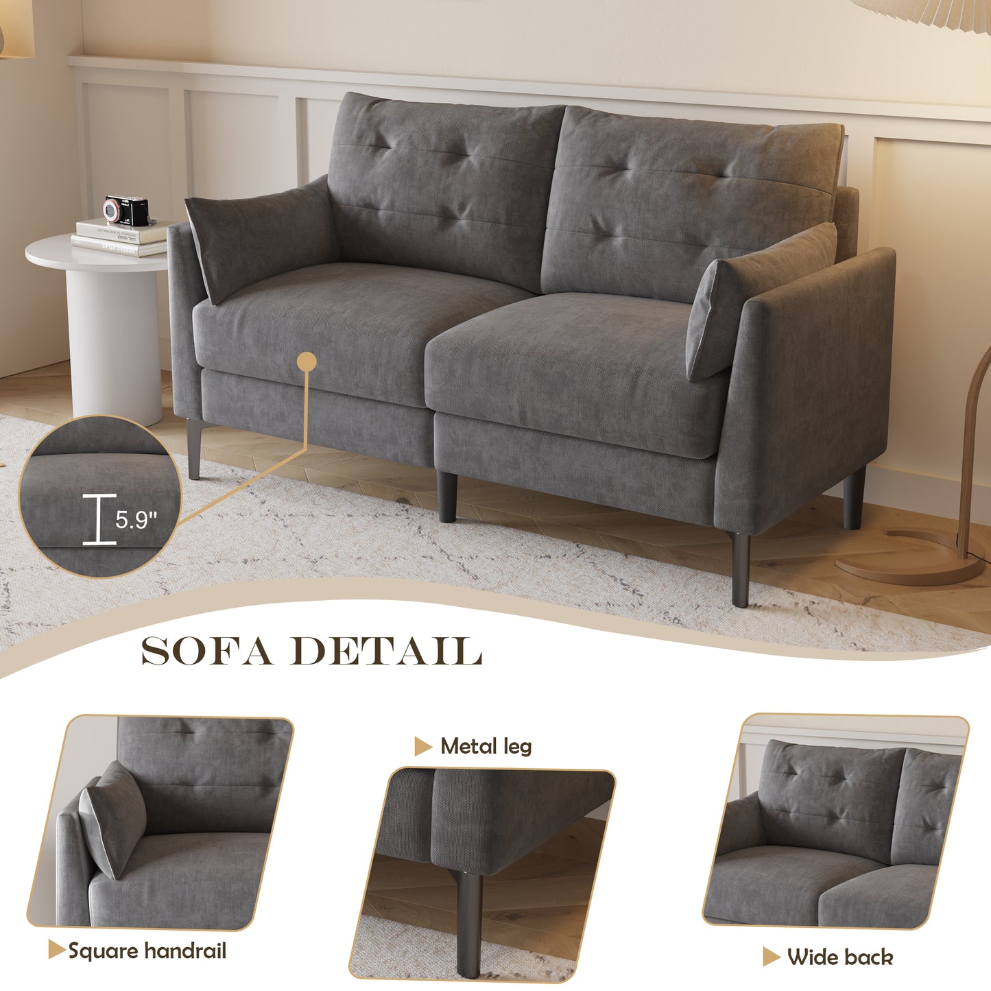 57.5-inch cotton linen dark gray love seat metal feet Plastic feet Thick cushion with two armrests