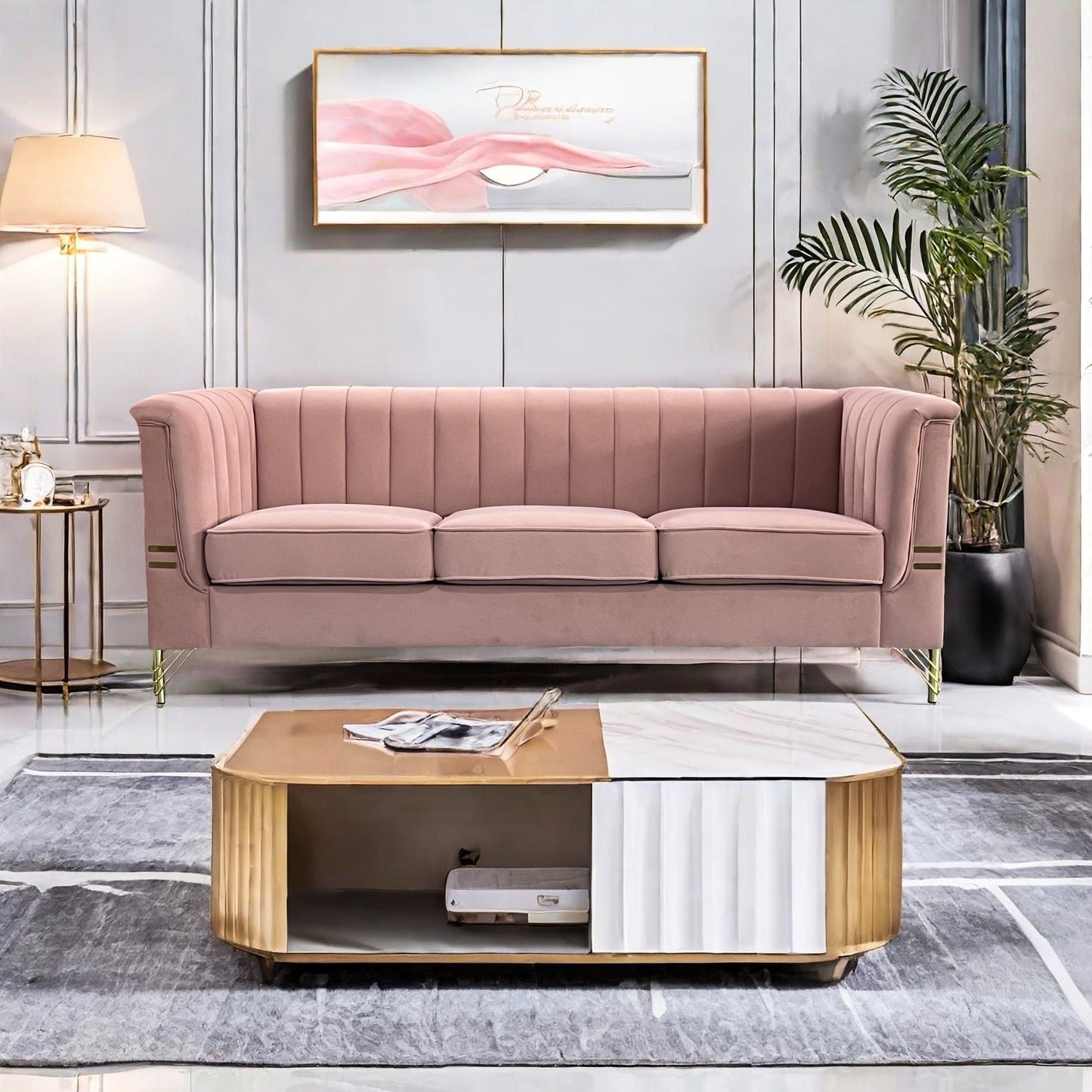 Modern Designs Velvet Upholstered Living Room Sofa, 3 Seat Sofa Couch with Golden Metal Legs for Home, Apartment or Office Pink SOFA