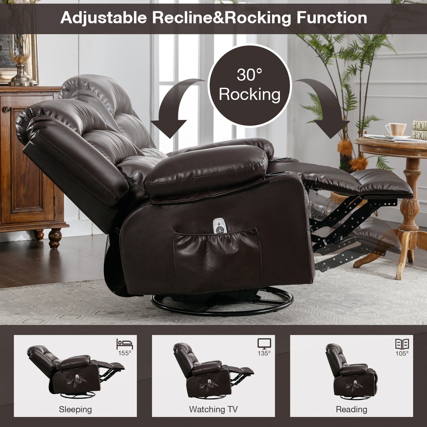 Massage Swivel Rocker Recliner Chair with Vibration Massage and Heat Ergonomic Lounge Chair for Living Room with Rocking Function and Side Pocket  2 Cup Holders USB Charge Port,BROWN