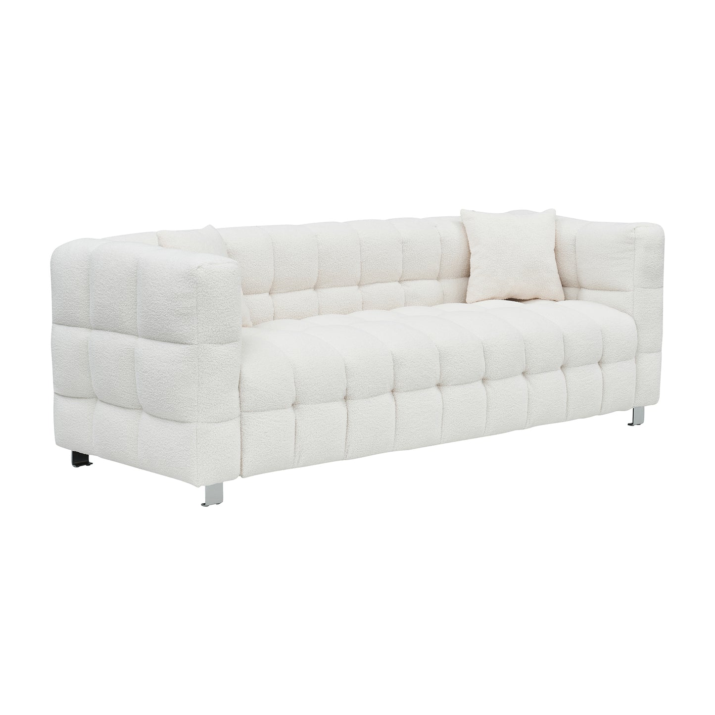 Beige White and teddy plush sofa 80 inch discharge in living room bedroom with two throw pillows hardware foot support