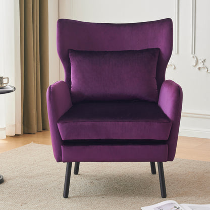 Velvet Accent Chair, Modern Living Room Armchair Comfy Upholstered Single Sofa Chair for Bedroom Dorms Reading Reception Room with Metal Legs & Pillow, Purple