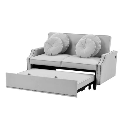 54.7" Multiple Adjustable Positions Sofa Bed Stylish Sofa Bed with a Button Tufted Backrest, Two USB Ports and Four Floral Lumbar Pillows for Living Room, Bedroom,or Small Space, Light Grey