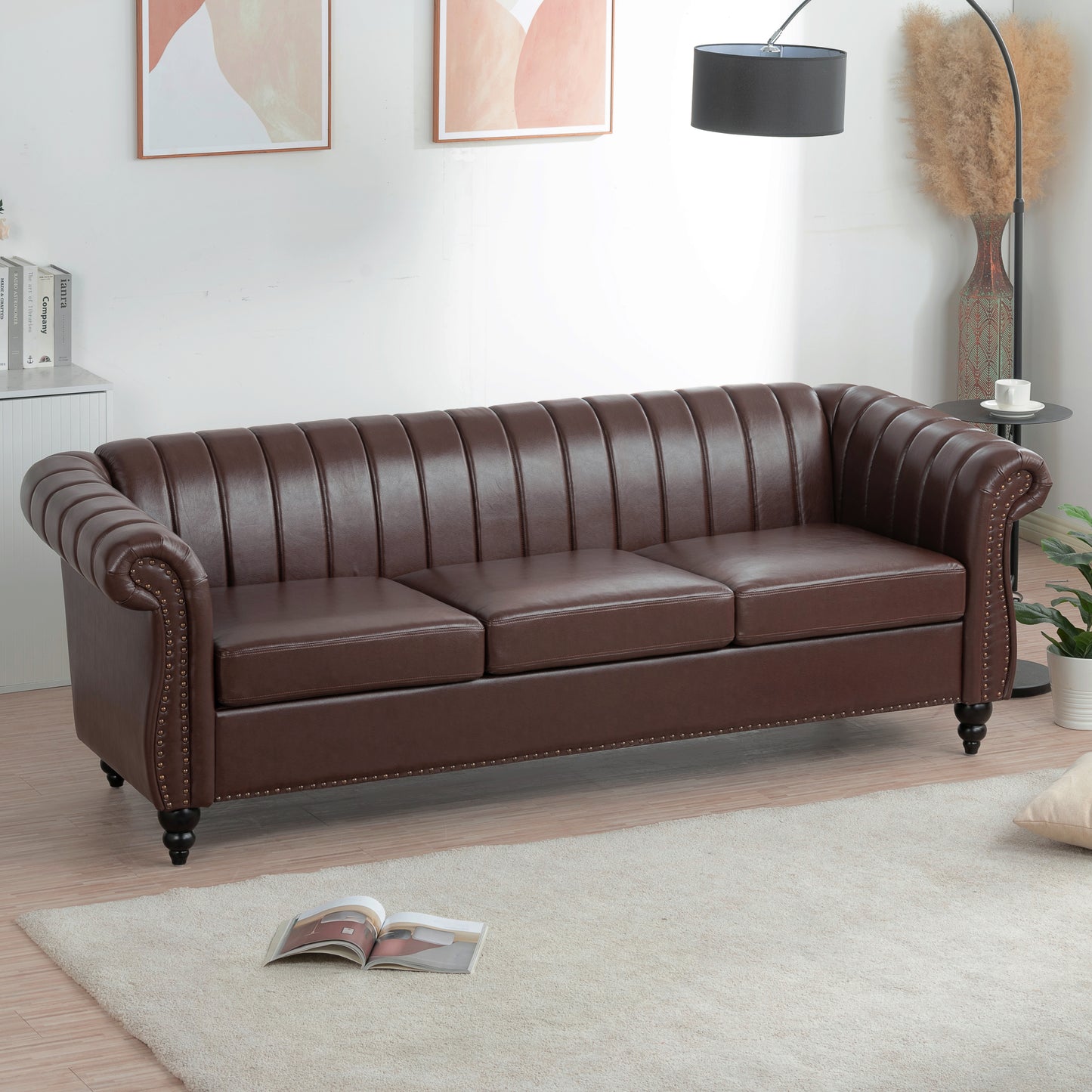 83.46'' Brown PU Rolled Arm Chesterfield Three Seater Sofa.