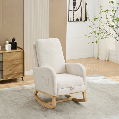 25.4"W Rocking Chair for Nursery, High Back Glider Chair with Retractable Footrest, Side Pocket, Rocking Accent Armchair with Rubber Wood Legs for Living Room/Bedroom.Ivory