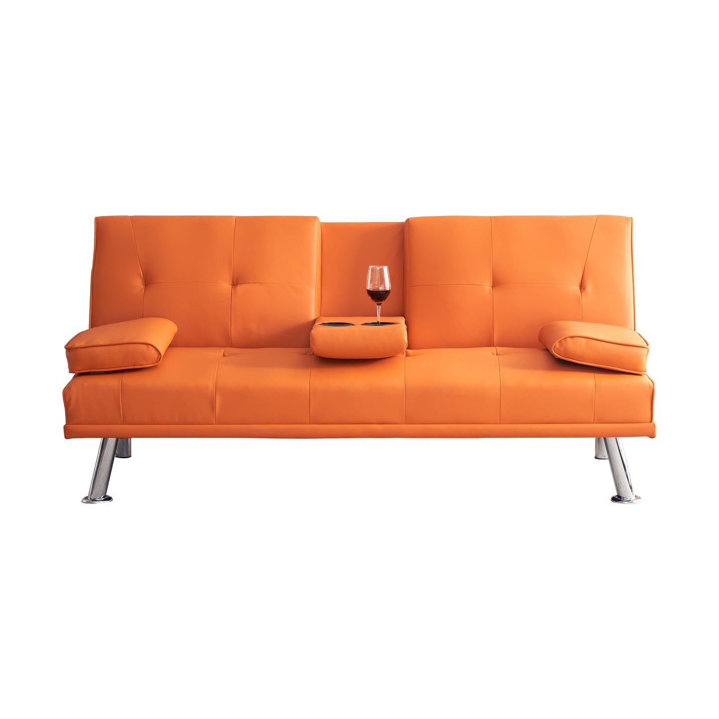 67" Orange Leather Multifunctional Double Folding Sofa Bed for Office with Coffee Table