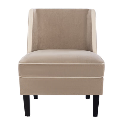 Velvet Upholstered Accent Chair with Cream Piping, Tan and Cream