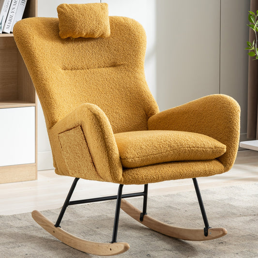 35.5 inch Rocking Chair with Pocket, Soft Teddy Fabric Rocking Chair for Nursery, Comfy Wingback Glider Rocker with Safe Solid Wood Base for Living Room Bedroom Balcony (TURMERIC)