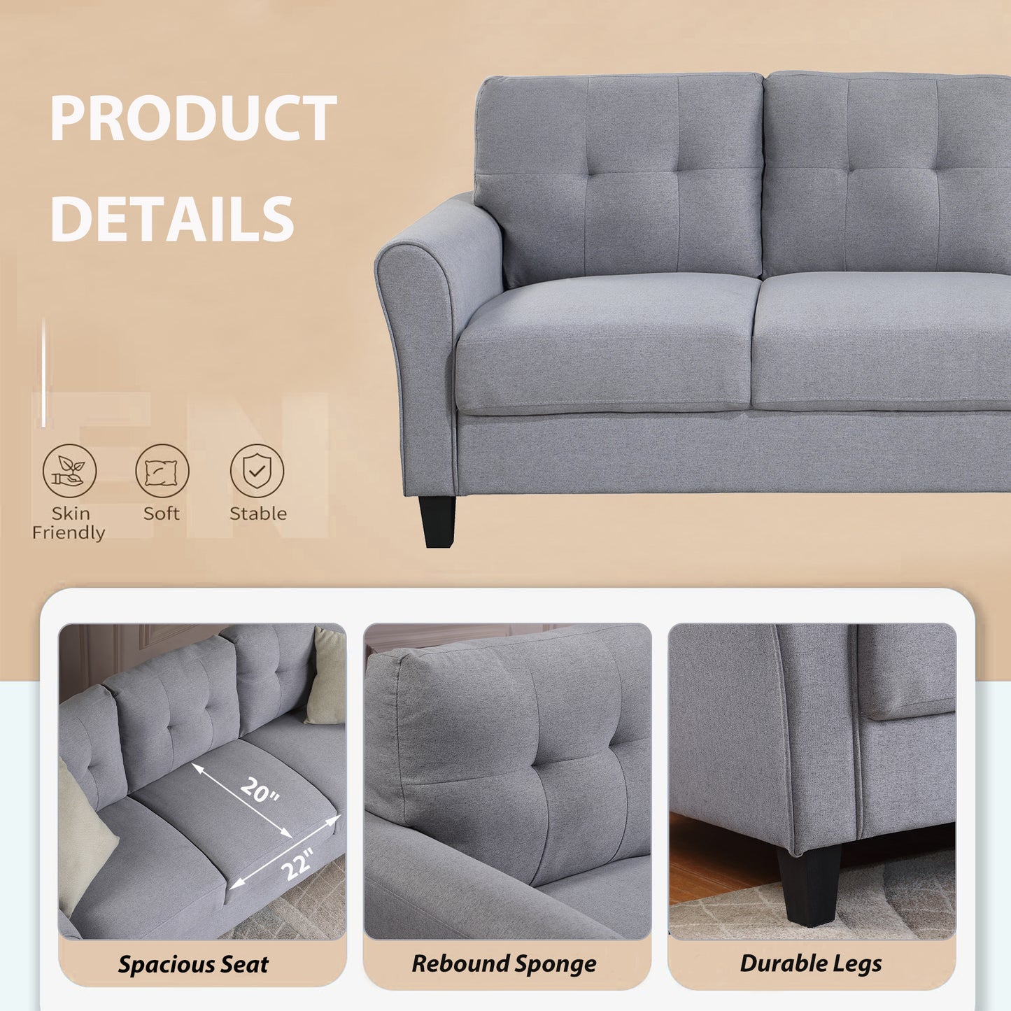 79.9" Modern Living Room Sofa Linen Upholstered Couch Furniture for Home or Office,Light Grey*Blue,(3-Seat)