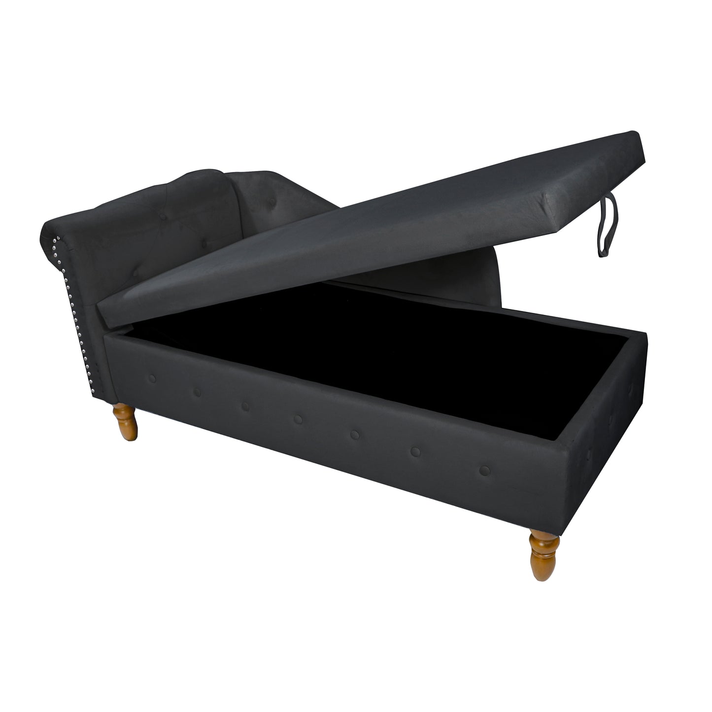 Black Chaise Lounge Indoor,Velvet Lounge Chair for Bedroom with Storage & Pillow,Modern Upholstered Rolled Arm Chase Lounge for Sleeping with Nailhead Trim for Living Room Bedroom Office