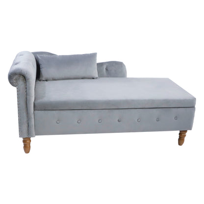 Grey Chaise Lounge Indoor,Velvet Lounge Chair for Bedroom with Storage & Pillow,Modern Upholstered Rolled Arm Chase Lounge for Sleeping with Nailhead Trim for Living Room Bedroom Office