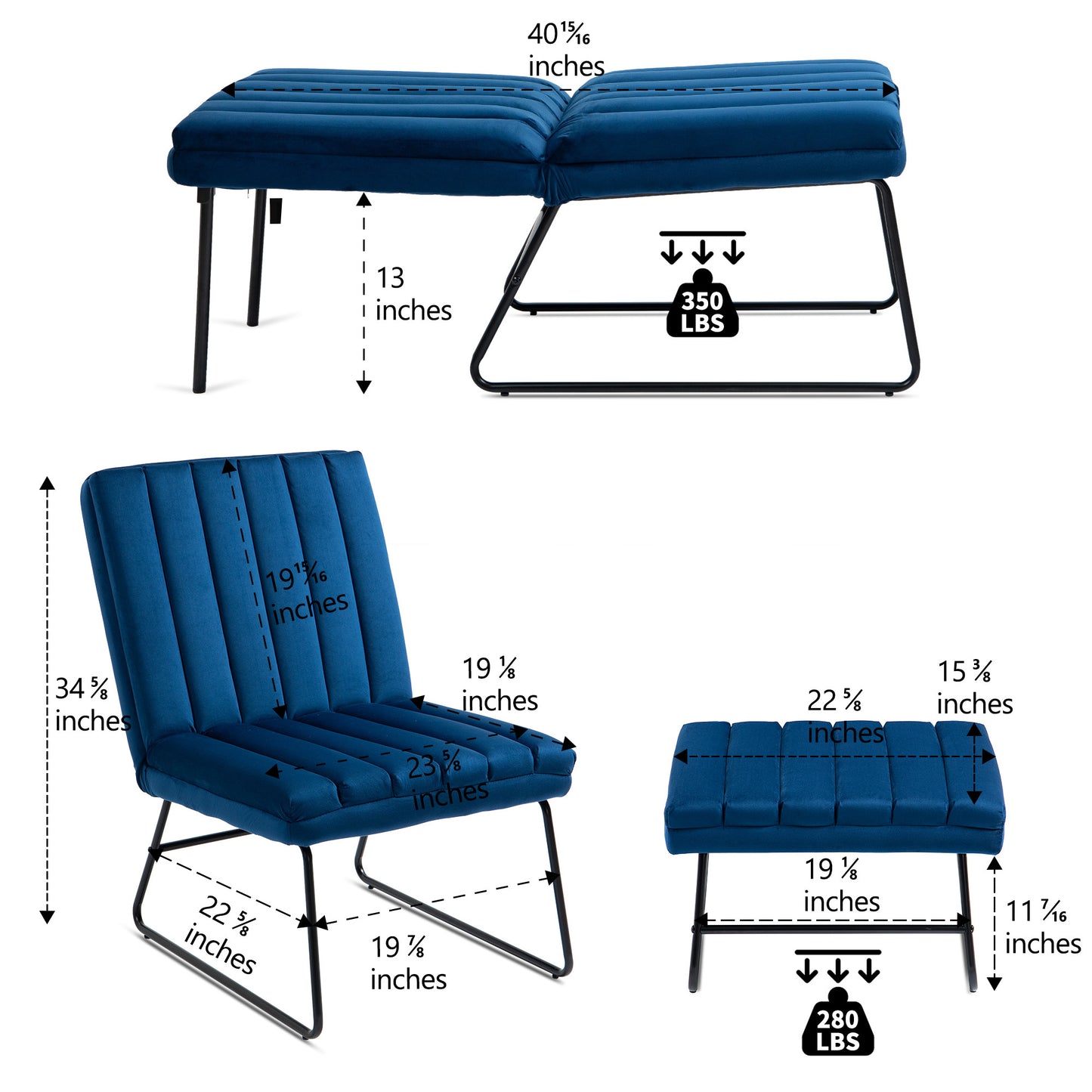 Dark Blue Modern Lazy Lounge Chair, Contemporary Single Leisure Upholstered Sofa Chair Set