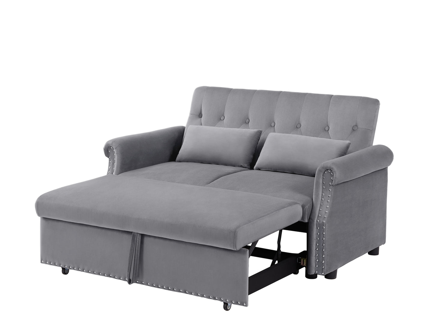 55'' Modern Shiny Velvet Convertible Loveseat Sleeper Sofa Couch w/ 2 Lumbar Pillows, Adjustable Pull-Out Bed and Removable Armrest for Nursery, Living Room, Apartment, Home Office