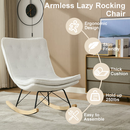 Lazy Rocking Chair,Comfortable Lounge Chair with Wide Backrest and Seat Wood Base, Upholstered Armless Rocker Chair for Living room, Balcony,Bedroom and Patio Porch. (WHITE)