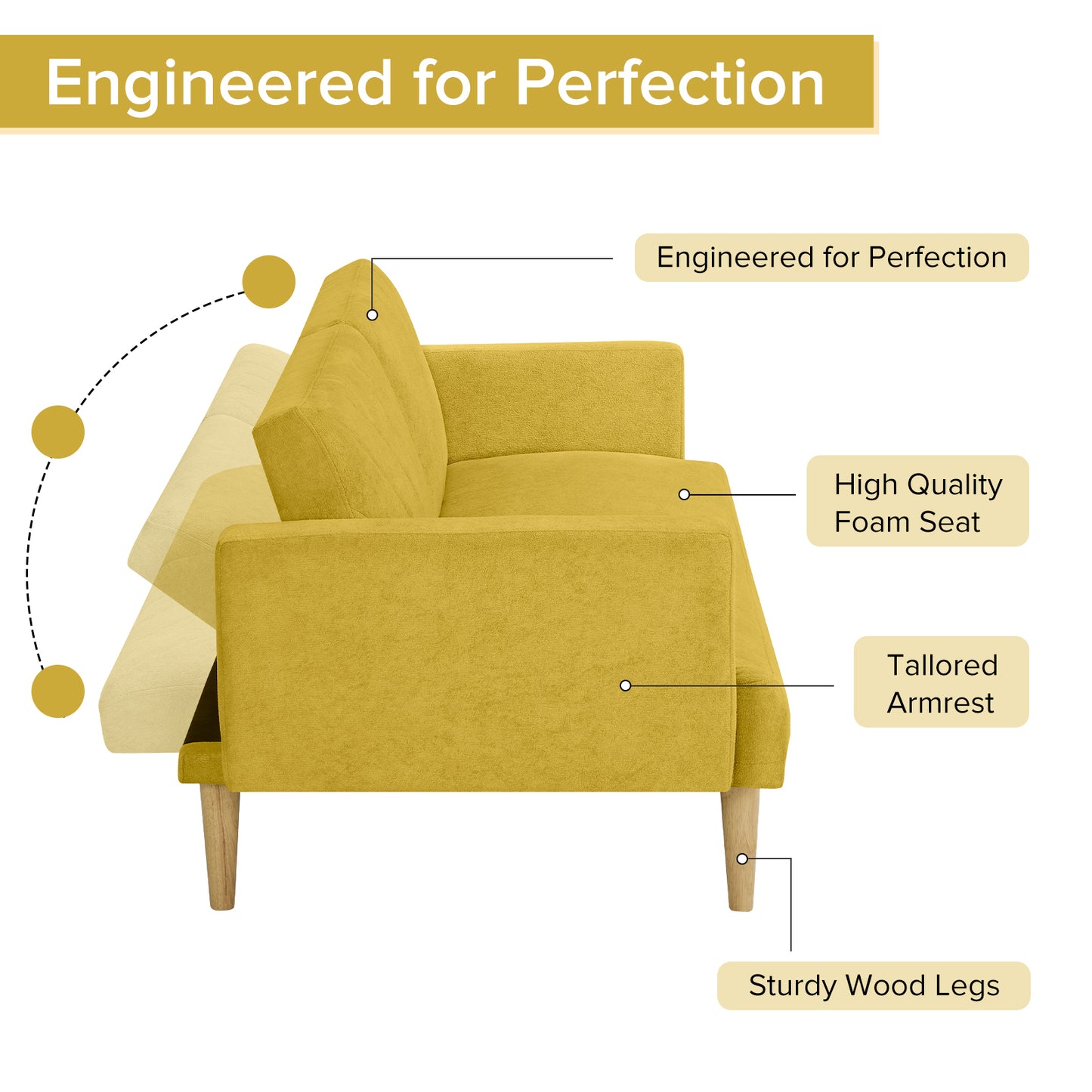 Multi-Functional Futon Sofa Bed :Tapered Wood Legs - Ideal for Small Living Rooms - Multi-Color Fabric Options - Easily Converts to Single Bed, Yellow