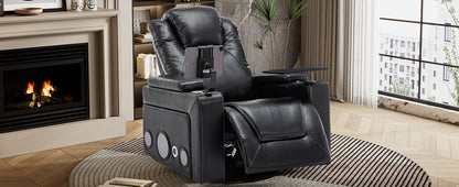 270 Degree Swivel PU Leather Power Recliner Individual Seat Home Theater Recliner with Surround Sound, Cup Holder, Removable Tray Table, Hidden Arm Storage for Living Room, Black