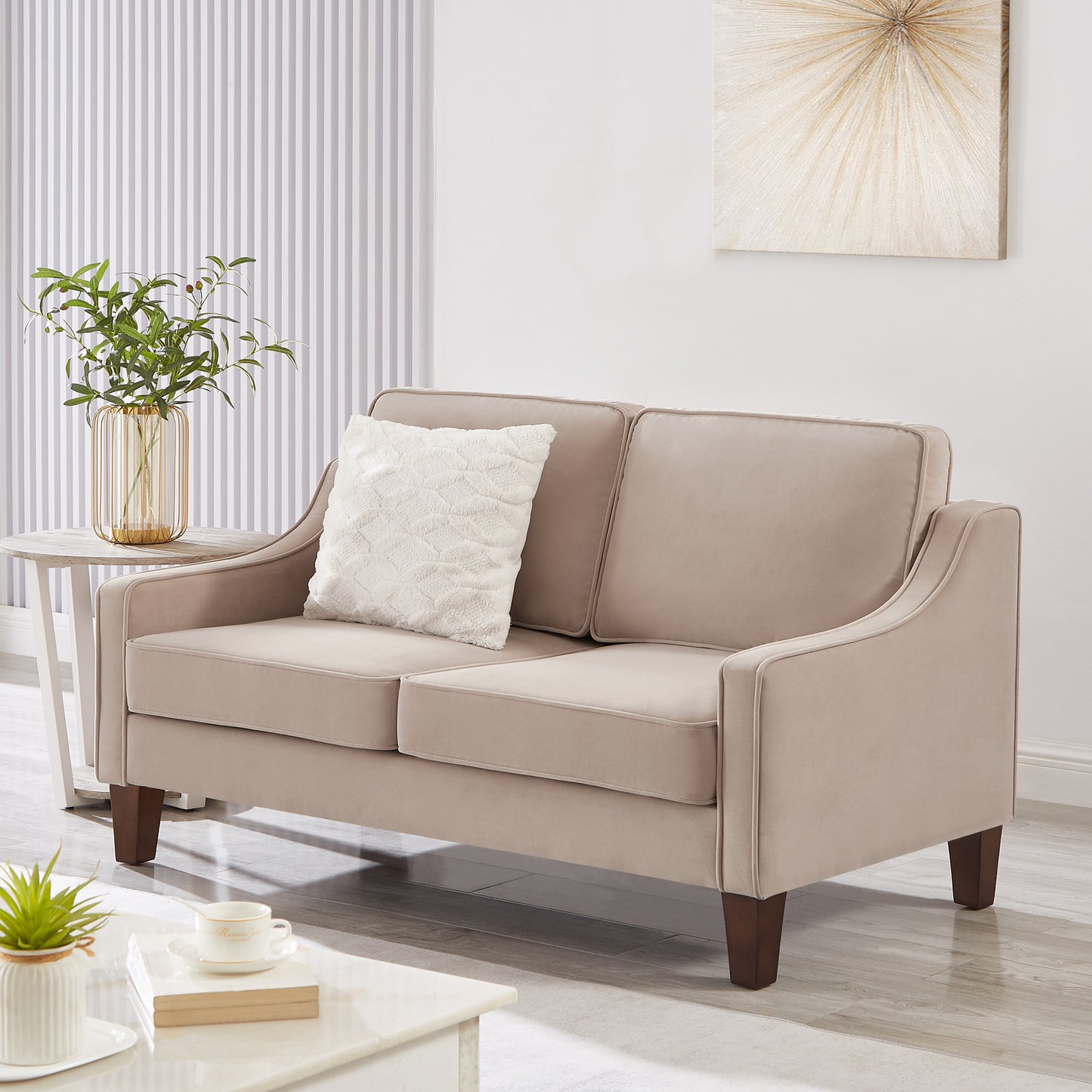 Modern Loveseat sofa for Living Room, Upholstered Velvet Small Couch with Wooden Legs for Livingroom Bedroom, Taupe