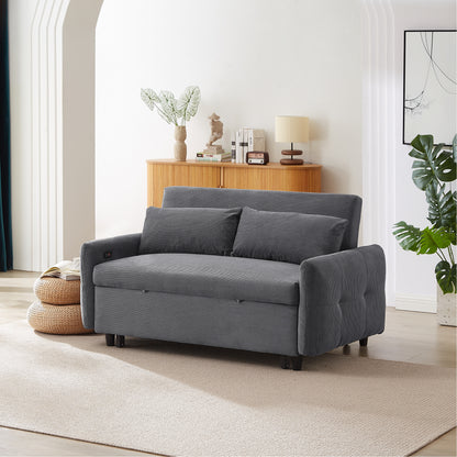 57.48" Pull-out Sofa Bed Convertible Couch 2 Seat Loveseat Sofa Modern Sleeper Sofa with Two Throw Pillows and USB Ports for Living Room, Dark Grey