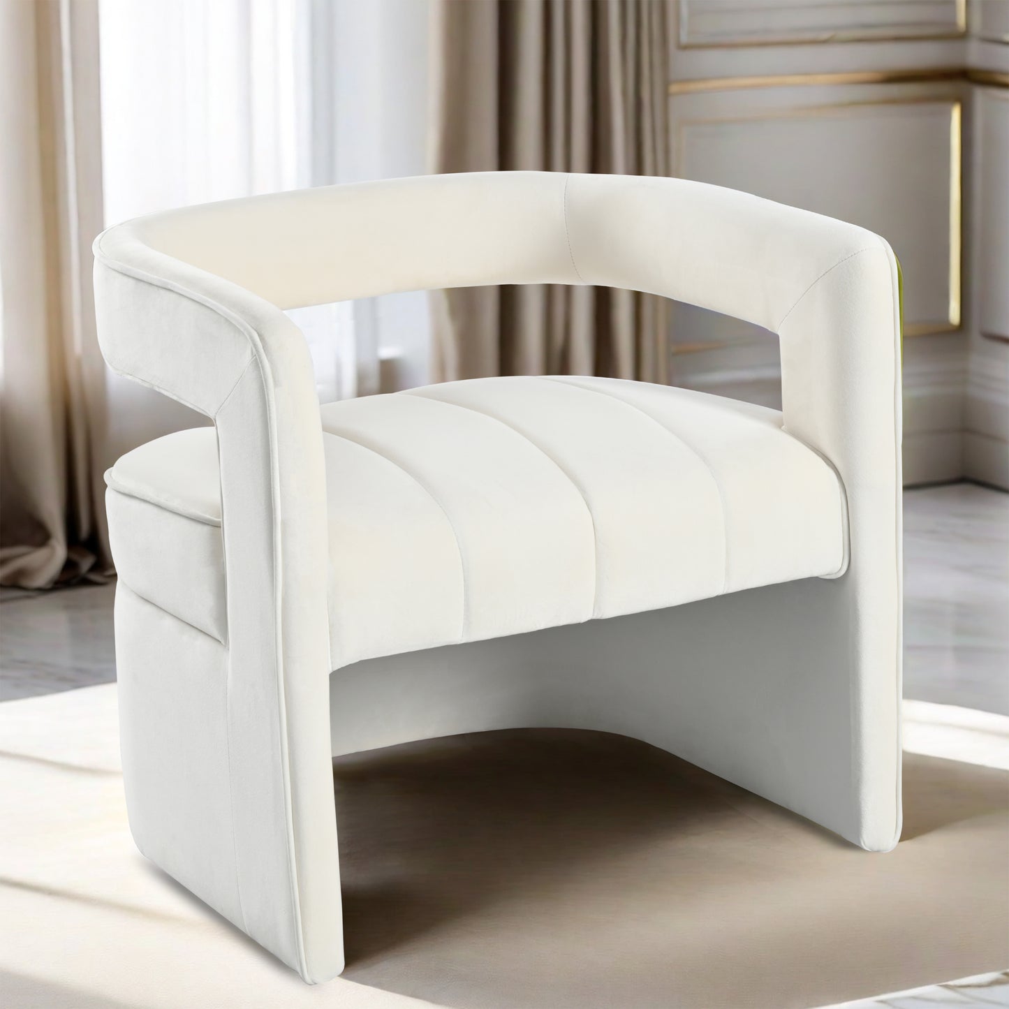 Modern Velvet Accent Chair with Ribbed Detail, Luxury Curved Fully Upholstered Accent Chair, Ivory White (No Assembly Needed)