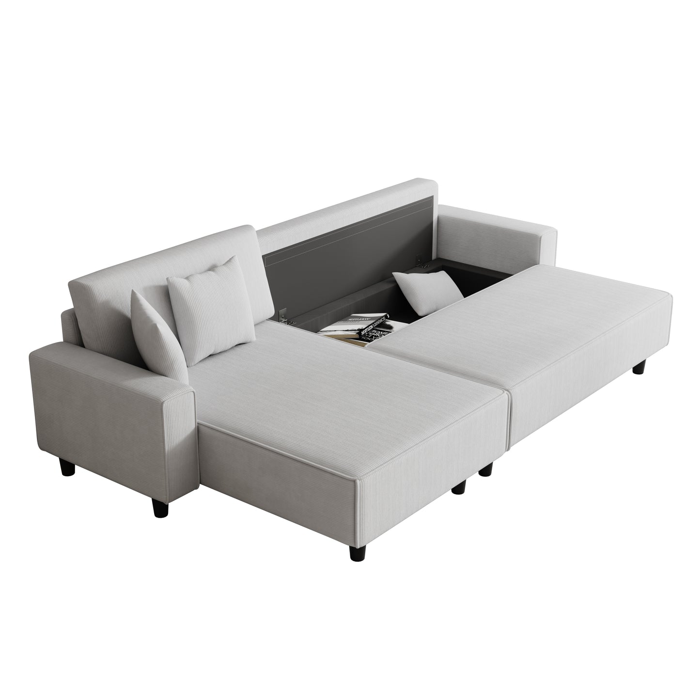 The 93-inch grey corduroy sofa bed comes with two pillows to fit in the living room and the apartment is not overcrowded