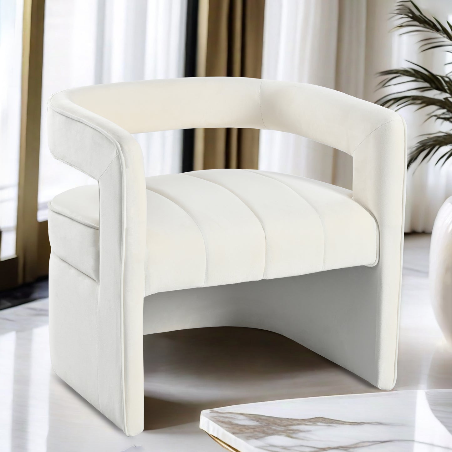 Modern Velvet Accent Chair with Ribbed Detail, Luxury Curved Fully Upholstered Accent Chair, Ivory White (No Assembly Needed)