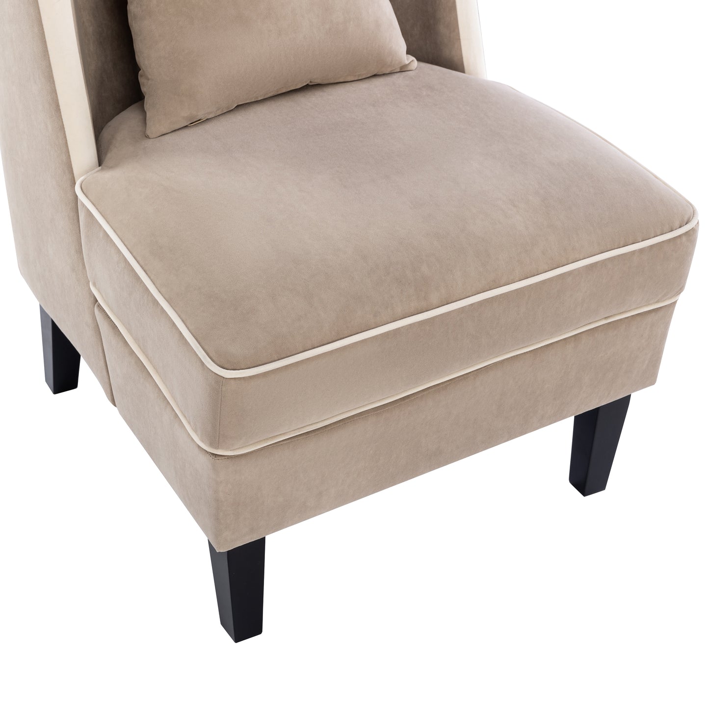 Velvet Upholstered Accent Chair with Cream Piping, Tan and Cream