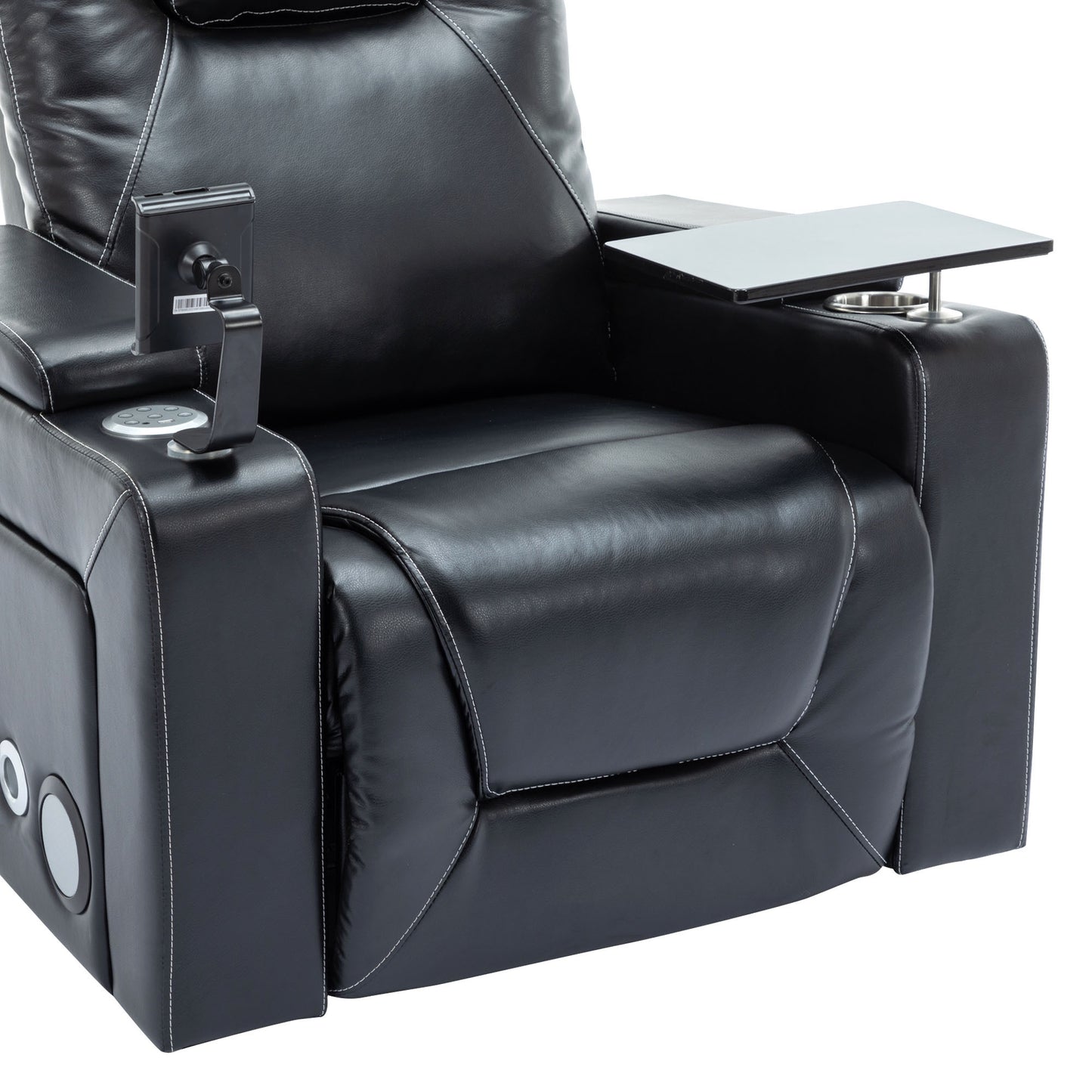 270 Degree Swivel PU Leather Power Recliner Individual Seat Home Theater Recliner with Surround Sound, Cup Holder, Removable Tray Table, Hidden Arm Storage for Living Room, Black