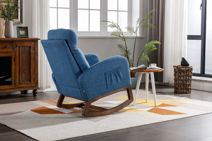 Rocking Chair, Modern Glider Chair, Recliner Armchair with Wood Legs and Side Pocket, Nursery Rocking Accent Chair with High Back for Living Room Bedroom (Blue linen)